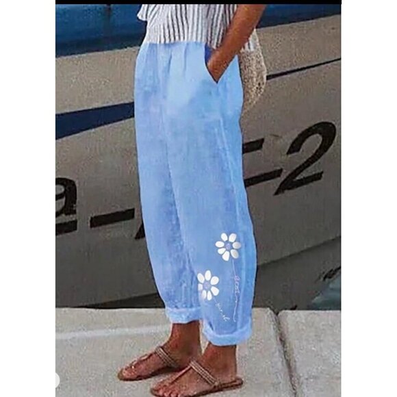 Unbranded Women’s Light Blue‎ Elastic Waist Floral Graphic Pants Size XXL NEW - Picture 2 of 10